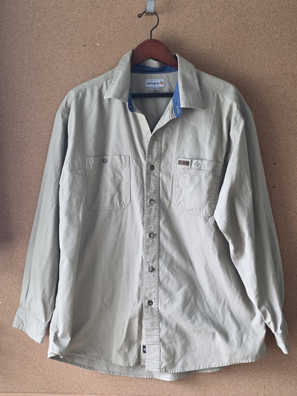 Carhartt Men’s XL Button Up Shirt  Tan Workwear, Rugged, Missing Top Button